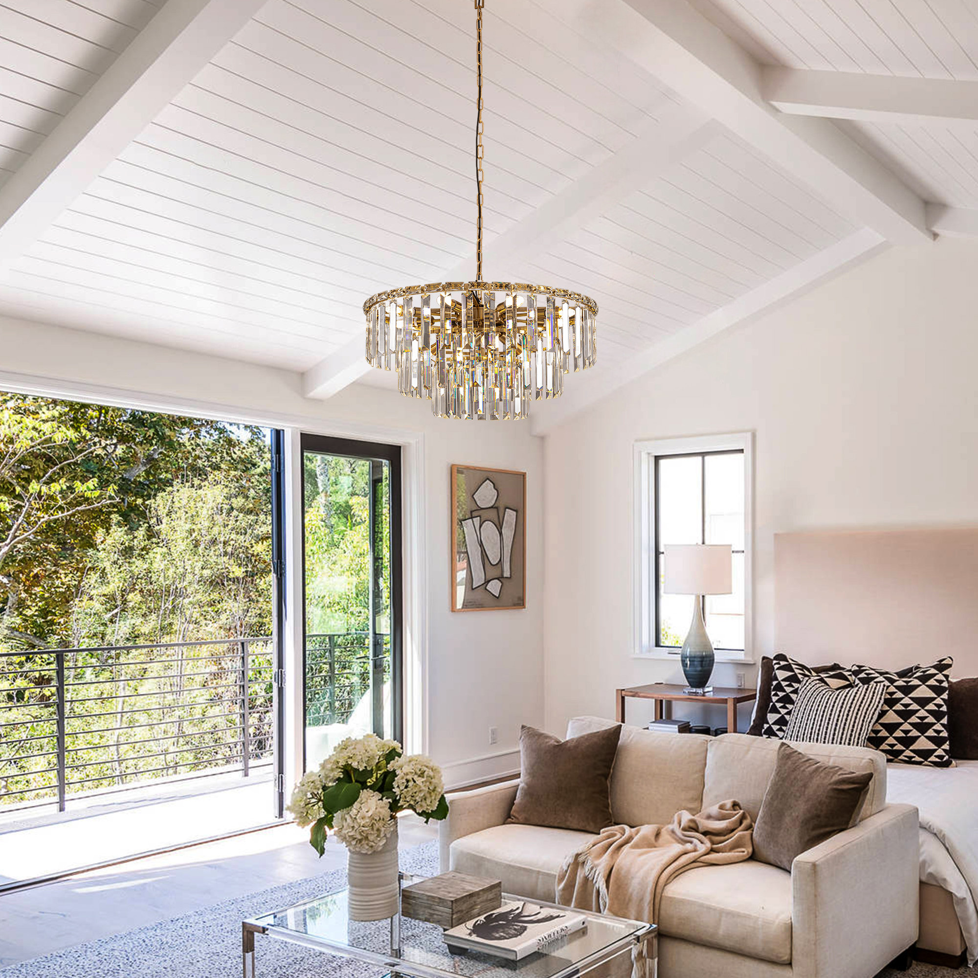 Mercer41 27" 12 - Light Modern Dimmable Tiered Crystal Chandelier In